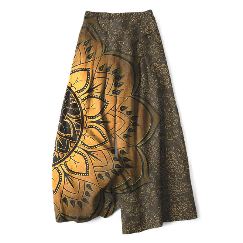 Nimara Ritual Cotton Linen Mandala Pattern Women's Elastic Waist Wide Leg Pants With Pockets