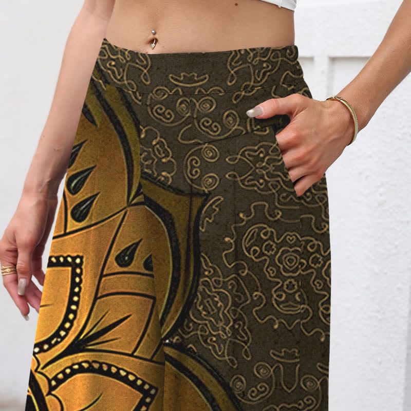 Nimara Ritual Cotton Linen Mandala Pattern Women's Elastic Waist Wide Leg Pants With Pockets