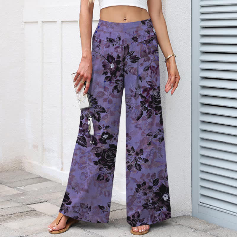 Nimara Ritual Cotton Linen Floral Pattern Women's Elastic Waist Wide Leg Pants With Pockets