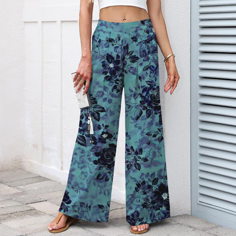 Nimara Ritual Cotton Linen Floral Pattern Women's Elastic Waist Wide Leg Pants With Pockets