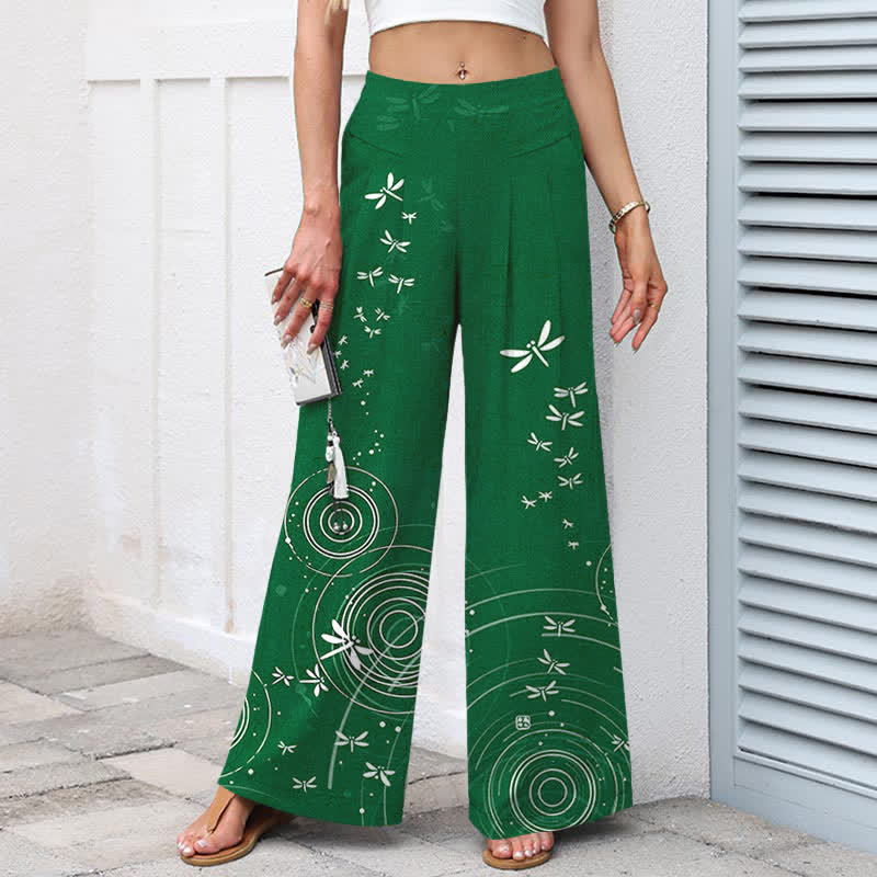Nimara Ritual Cotton Linen Dragonfly Ripple Pattern Women's Elastic Waist Wide Leg Pants With Pockets