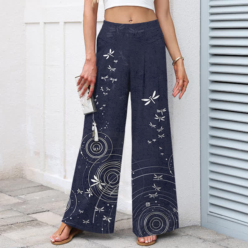 Nimara Ritual Cotton Linen Dragonfly Ripple Pattern Women's Elastic Waist Wide Leg Pants With Pockets
