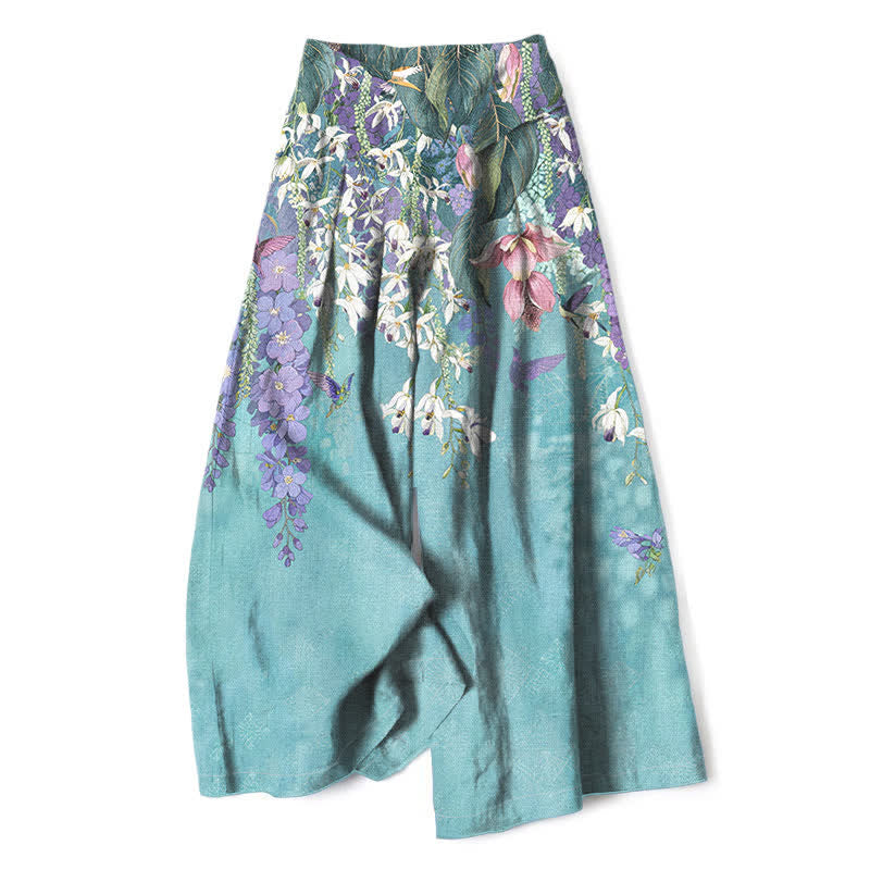 Nimara Ritual Cotton Linen Bohemian Floral Pattern Women's Elastic Waist Wide Leg Pants With Pockets
