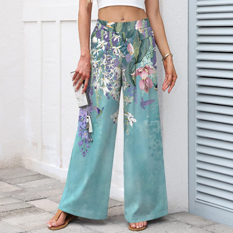 Nimara Ritual Cotton Linen Bohemian Floral Pattern Women's Elastic Waist Wide Leg Pants With Pockets