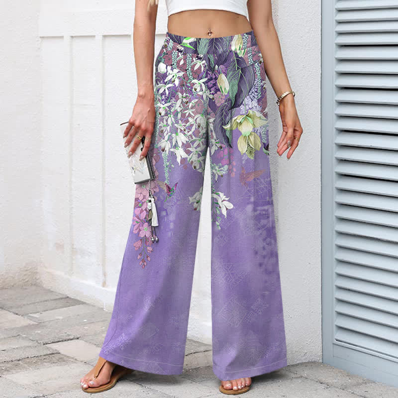Nimara Ritual Cotton Linen Bohemian Floral Pattern Women's Elastic Waist Wide Leg Pants With Pockets
