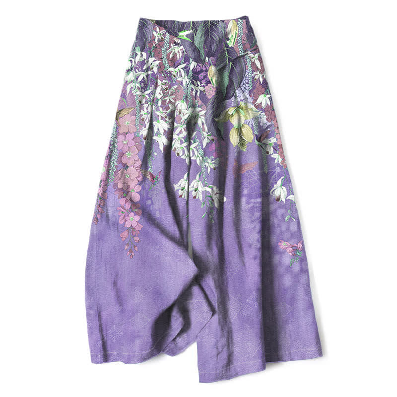 Nimara Ritual Cotton Linen Bohemian Floral Pattern Women's Elastic Waist Wide Leg Pants With Pockets