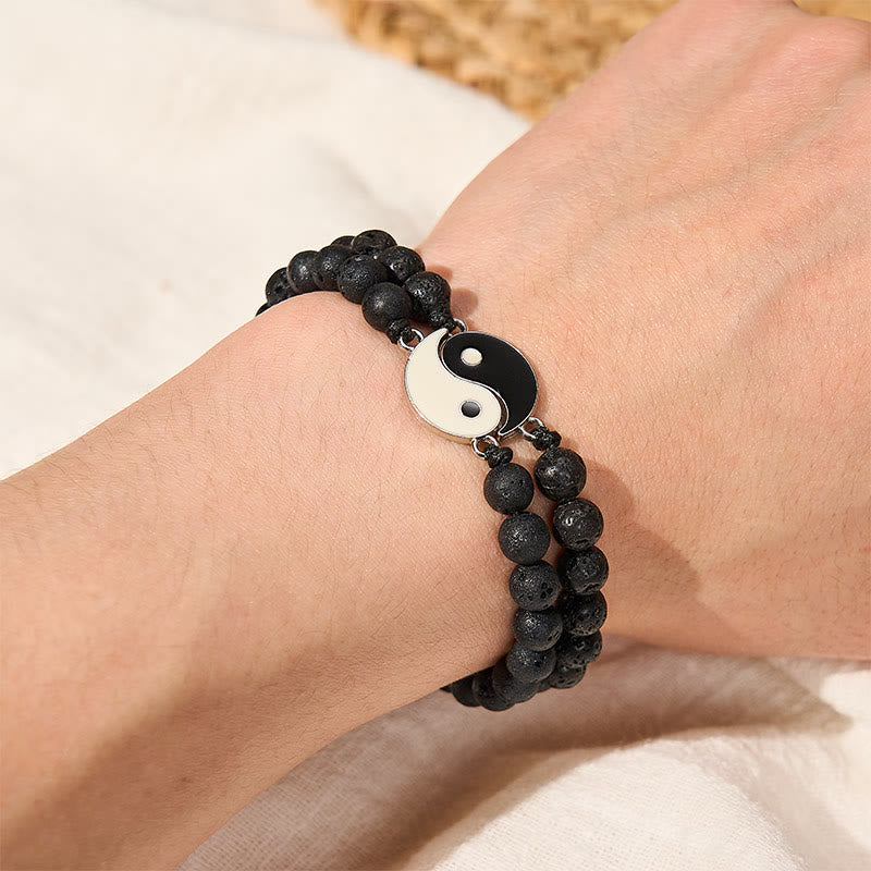 Support and Powerful Yin Yang Hematite Frosted Stone Lava Rock Bracelet