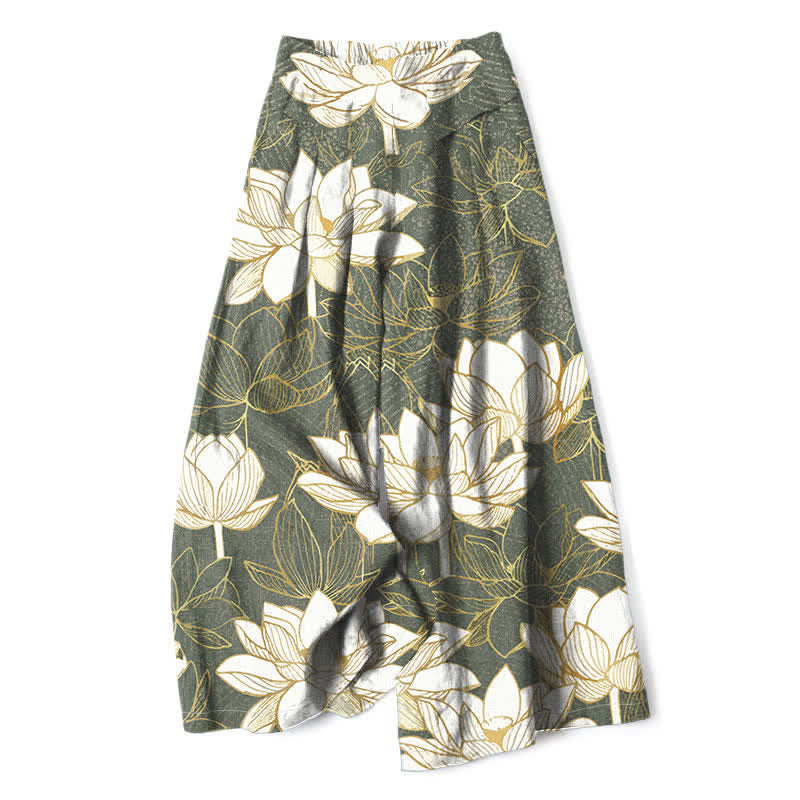 Nimara Ritual Cotton Linen Lotus Bloom Pattern Women's Elastic Waist Wide Leg Pants With Pockets