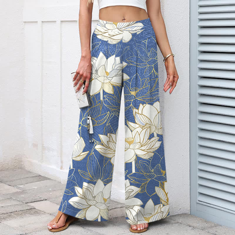 Nimara Ritual Cotton Linen Lotus Bloom Pattern Women's Elastic Waist Wide Leg Pants With Pockets