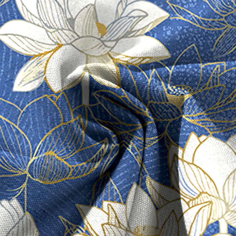 Nimara Ritual Cotton Linen Lotus Bloom Pattern Women's Elastic Waist Wide Leg Pants With Pockets