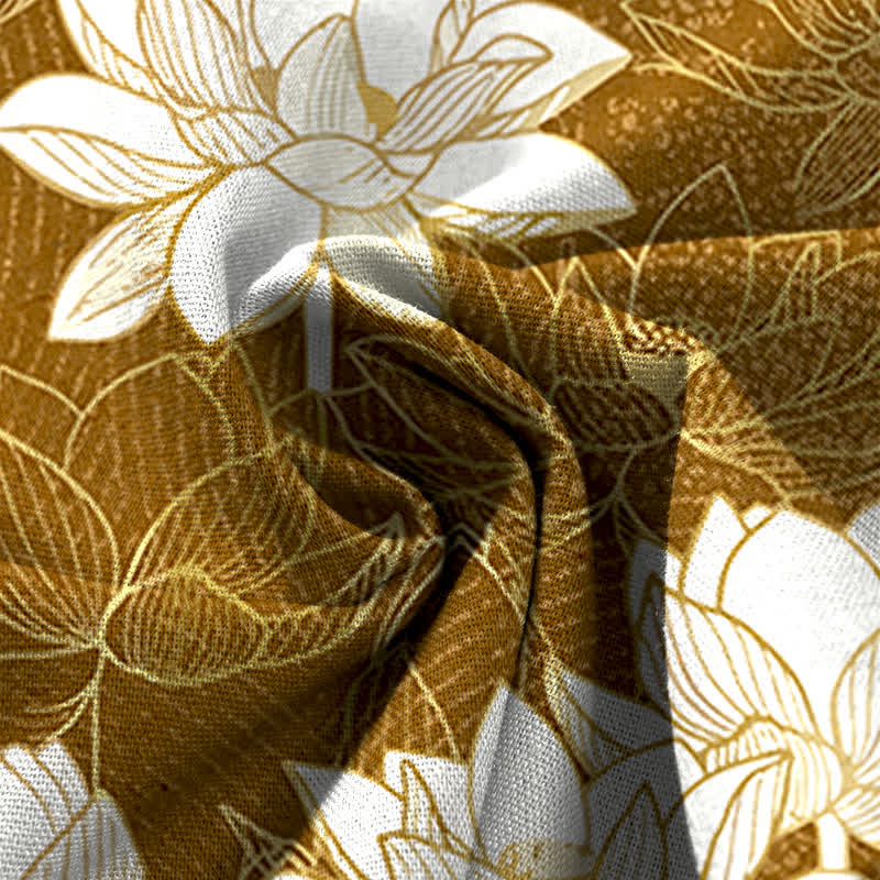 Nimara Ritual Cotton Linen Lotus Bloom Pattern Women's Elastic Waist Wide Leg Pants With Pockets