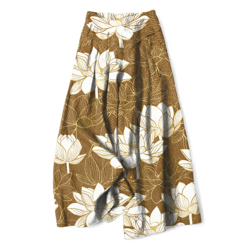 Nimara Ritual Cotton Linen Lotus Bloom Pattern Women's Elastic Waist Wide Leg Pants With Pockets