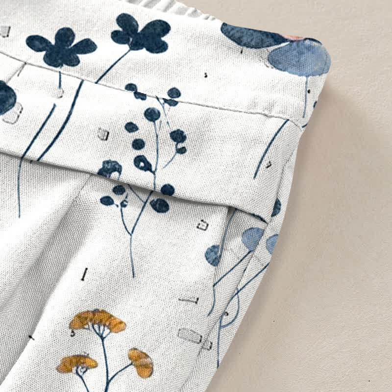 Nimara Ritual Cotton Linen Floral Pattern Women's Elastic Waist Wide Leg Pants With Pockets