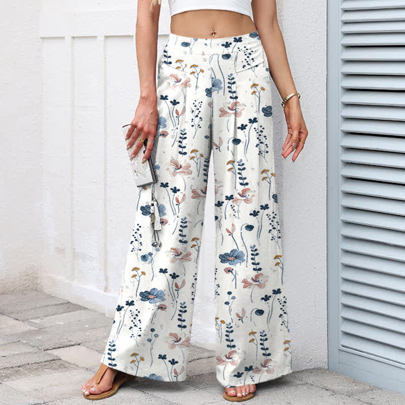 Nimara Ritual Cotton Linen Floral Pattern Women's Elastic Waist Wide Leg Pants With Pockets