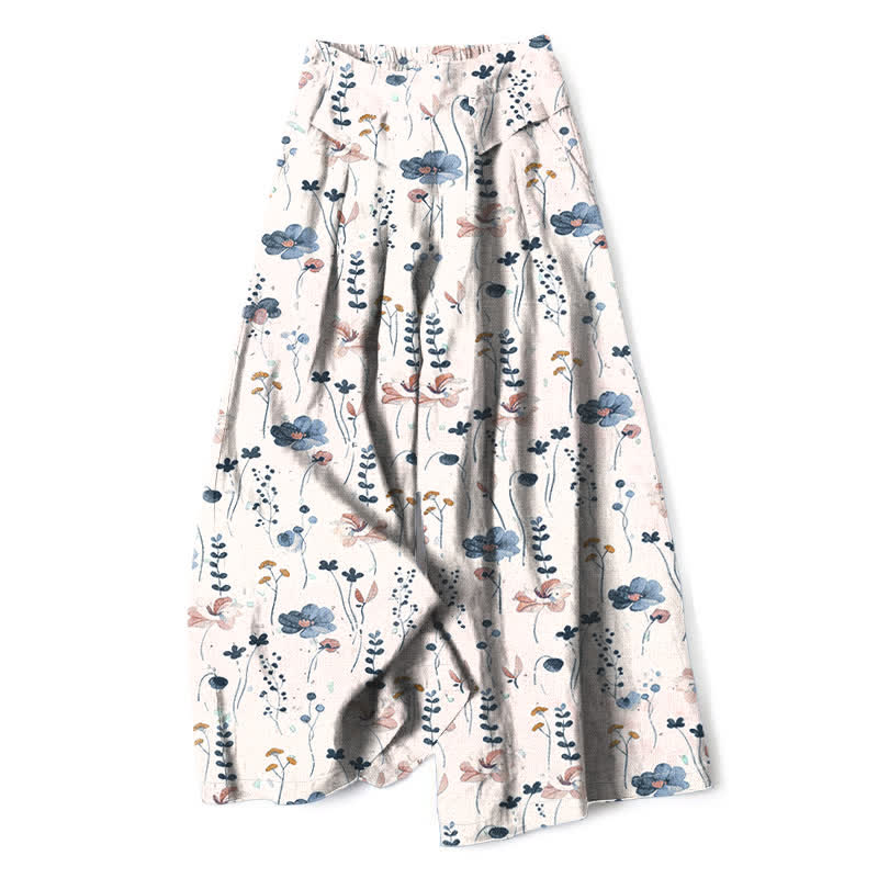 Nimara Ritual Cotton Linen Floral Pattern Women's Elastic Waist Wide Leg Pants With Pockets