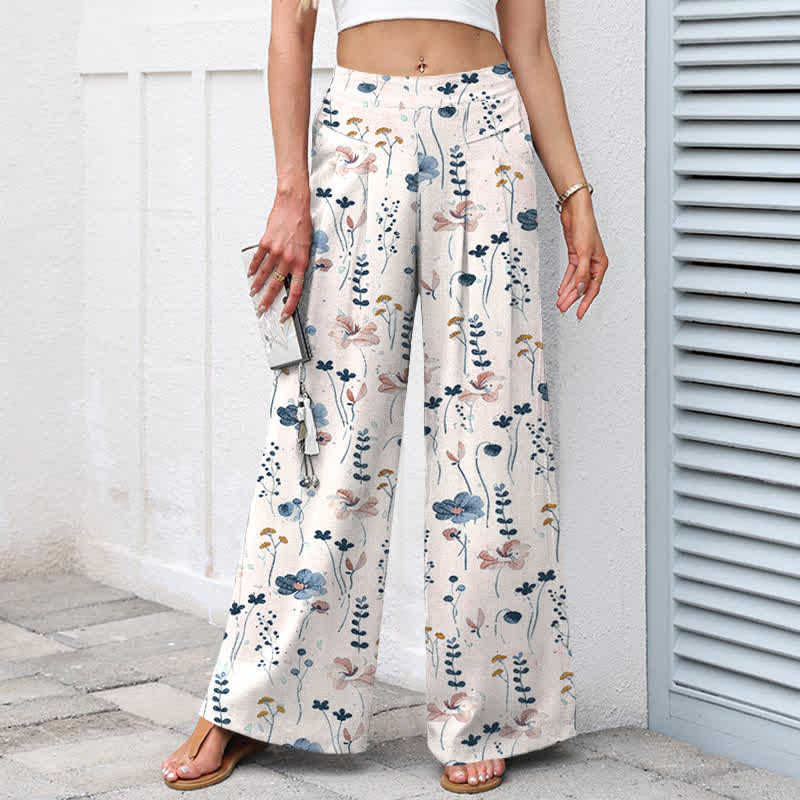 Nimara Ritual Cotton Linen Floral Pattern Women's Elastic Waist Wide Leg Pants With Pockets