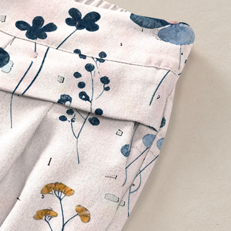 Nimara Ritual Cotton Linen Floral Pattern Women's Elastic Waist Wide Leg Pants With Pockets