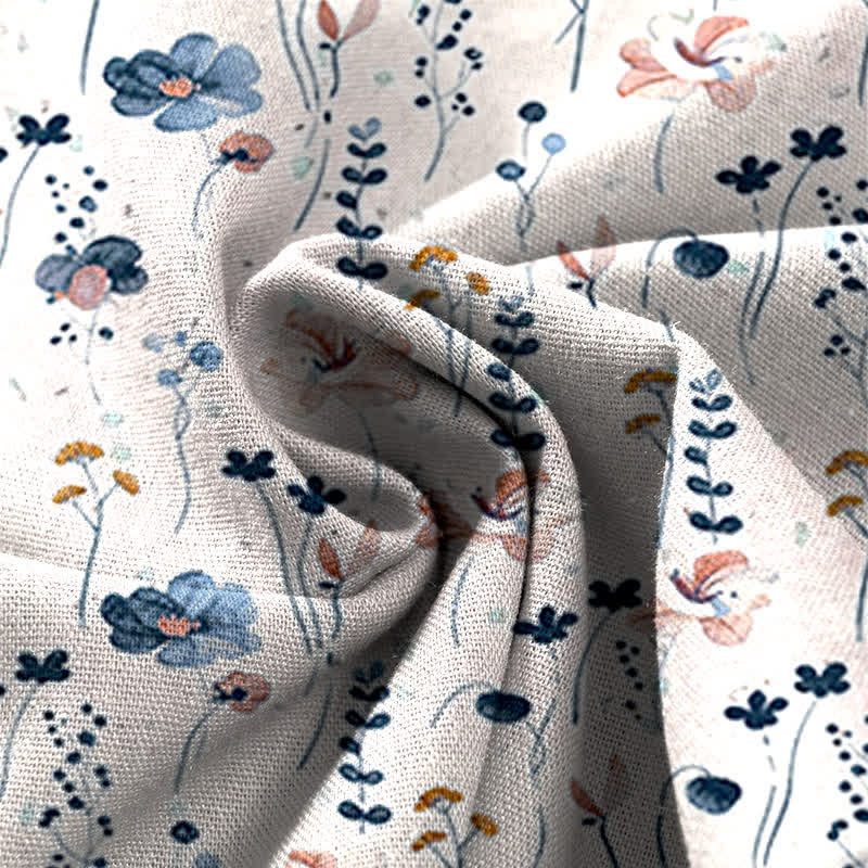 Nimara Ritual Cotton Linen Floral Pattern Women's Elastic Waist Wide Leg Pants With Pockets