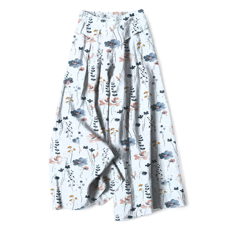 Nimara Ritual Cotton Linen Floral Pattern Women's Elastic Waist Wide Leg Pants With Pockets