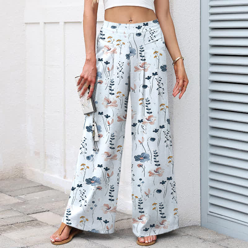 Nimara Ritual Cotton Linen Floral Pattern Women's Elastic Waist Wide Leg Pants With Pockets