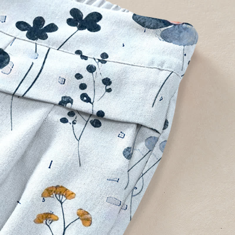 Nimara Ritual Cotton Linen Floral Pattern Women's Elastic Waist Wide Leg Pants With Pockets