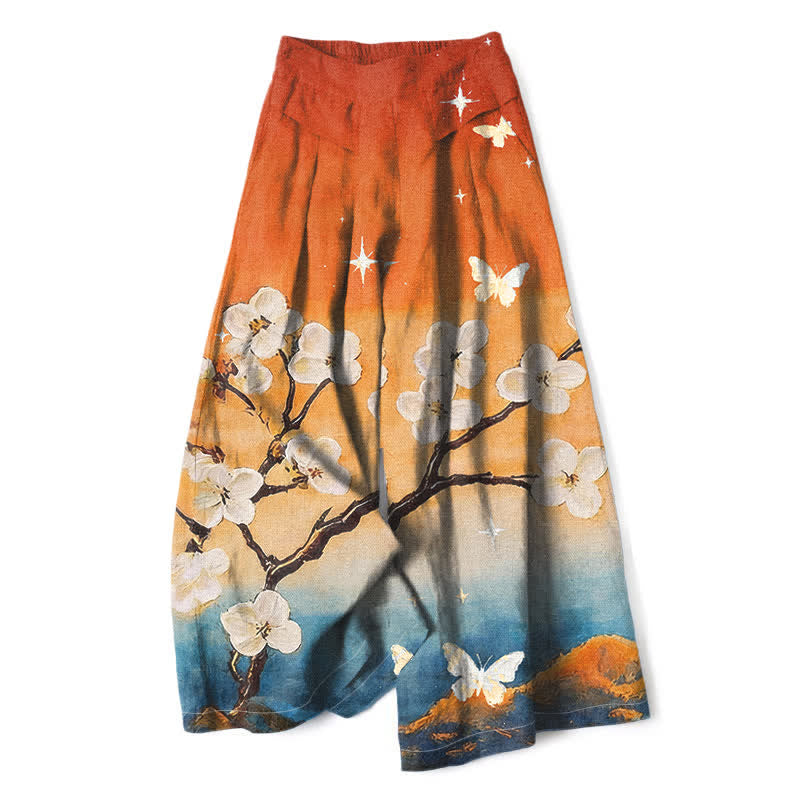 Nimara Ritual Cotton Linen Gradient Floral Pattern Women's Elastic Waist Wide Leg Pants With Pockets