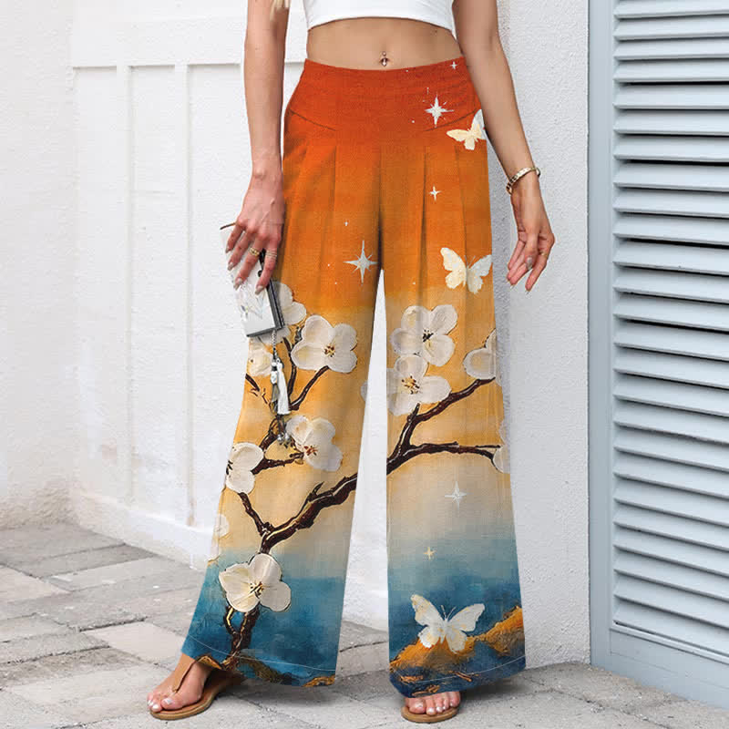 Nimara Ritual Cotton Linen Gradient Floral Pattern Women's Elastic Waist Wide Leg Pants With Pockets