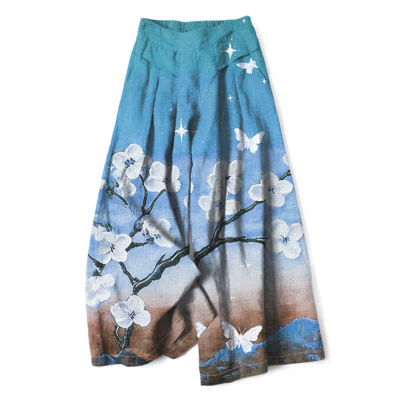 Nimara Ritual Cotton Linen Gradient Floral Pattern Women's Elastic Waist Wide Leg Pants With Pockets