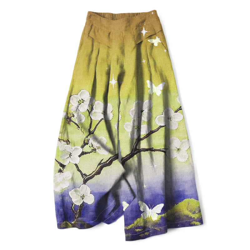 Nimara Ritual Cotton Linen Gradient Floral Pattern Women's Elastic Waist Wide Leg Pants With Pockets