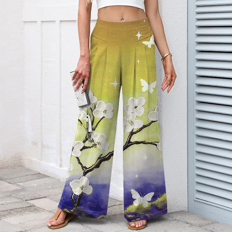 Nimara Ritual Cotton Linen Gradient Floral Pattern Women's Elastic Waist Wide Leg Pants With Pockets