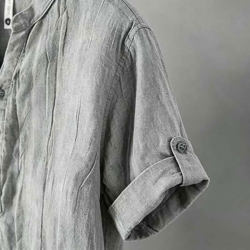 Nimara Ritual Solid Color Short Sleeve Half Button Shirt Cotton Linen Men Clothing