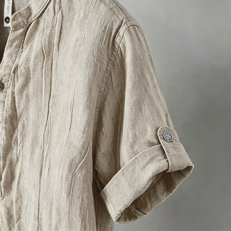 Nimara Ritual Solid Color Short Sleeve Half Button Shirt Cotton Linen Men Clothing