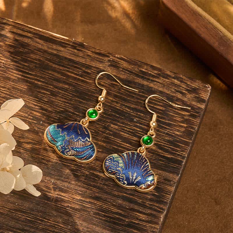Nimara Ritual Song Brocade Blue Shell-Shaped Prosperity Green Bead Teardrop Earrings