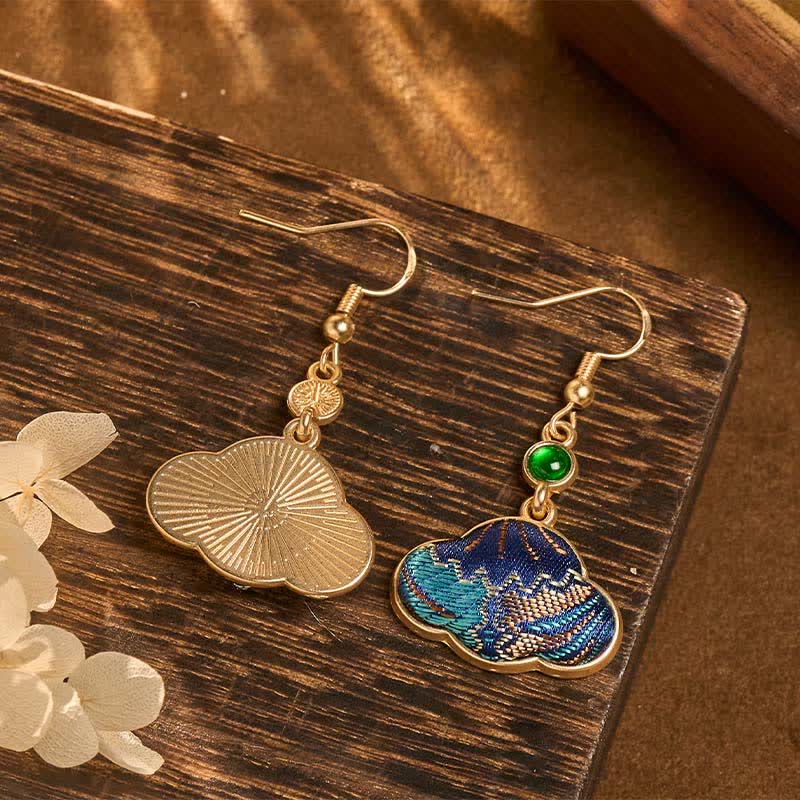 Nimara Ritual Song Brocade Blue Shell-Shaped Prosperity Green Bead Teardrop Earrings