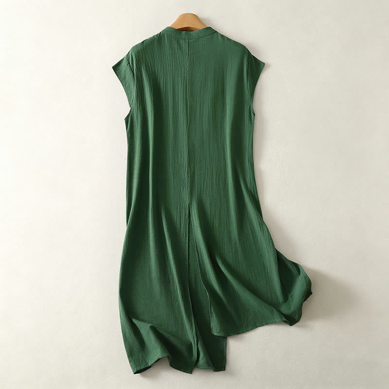 Nimara Ritual Summer Solid Green Mandarin Collar Side Slit Women's Sleeveless Dress