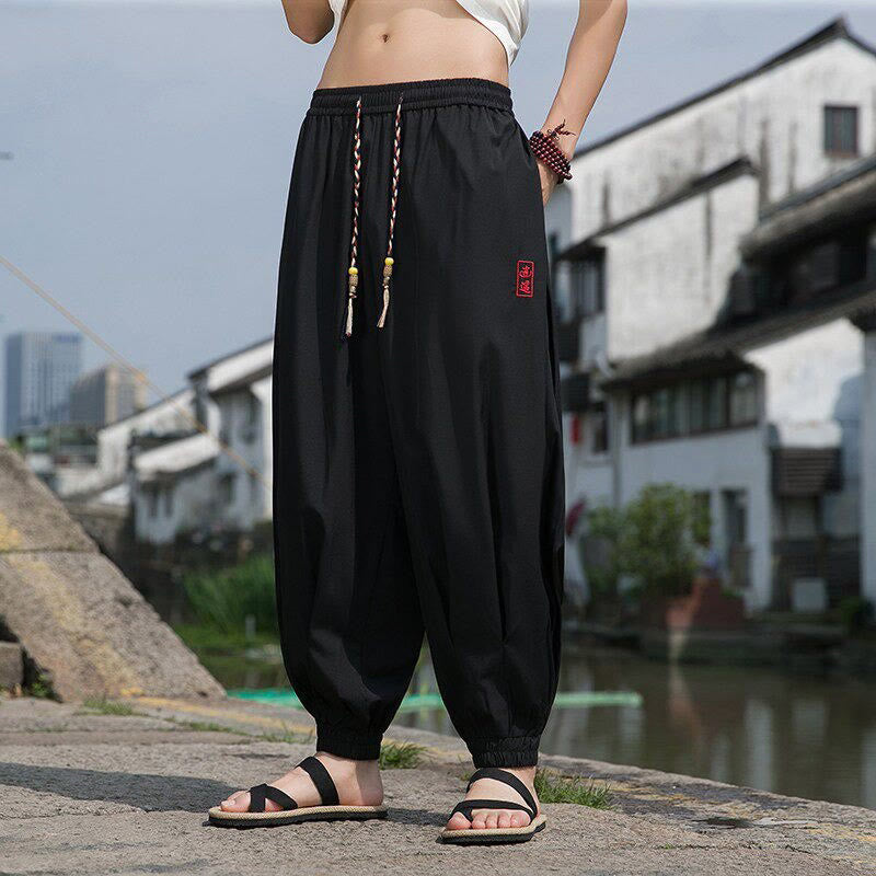 Nimara Ritual Summer Casual Drawstring Chinese Character Carefree Embroidery Ankle Pants Men's Harem Pants With Pockets