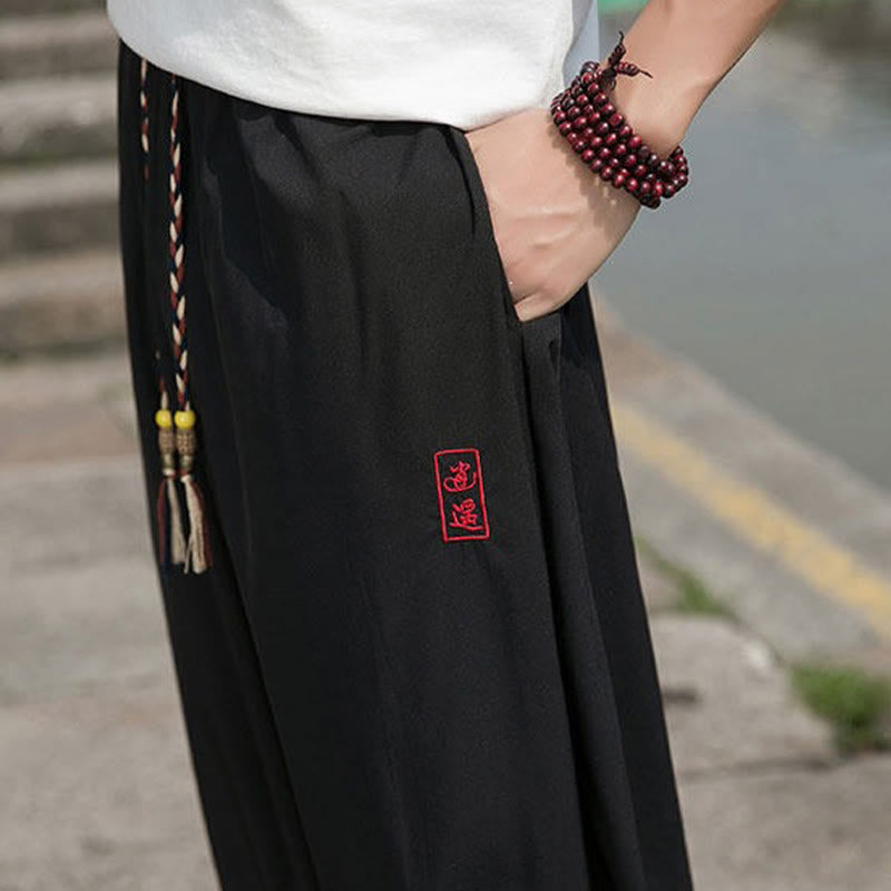 Nimara Ritual Summer Casual Drawstring Chinese Character Carefree Embroidery Ankle Pants Men's Harem Pants With Pockets