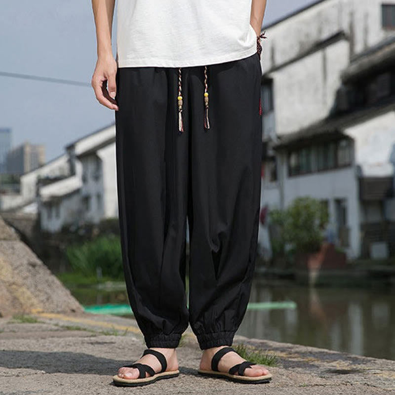 Nimara Ritual Summer Casual Drawstring Chinese Character Carefree Embroidery Ankle Pants Men's Harem Pants With Pockets