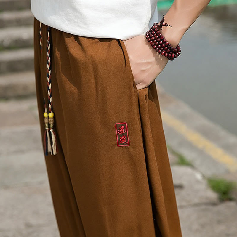 Nimara Ritual Summer Casual Drawstring Chinese Character Carefree Embroidery Ankle Pants Men's Harem Pants With Pockets