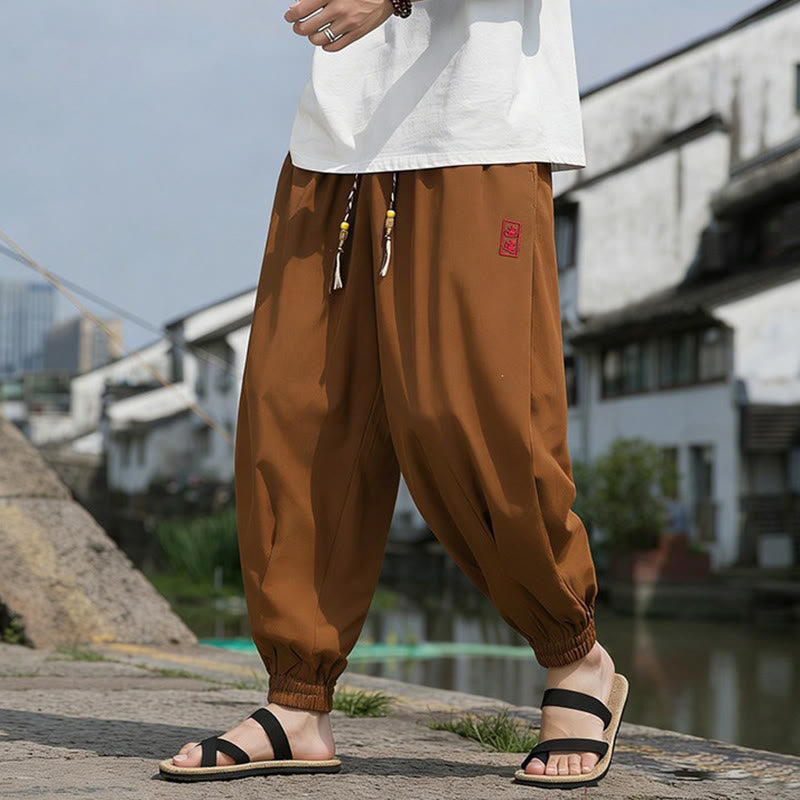 Nimara Ritual Summer Casual Drawstring Chinese Character Carefree Embroidery Ankle Pants Men's Harem Pants With Pockets