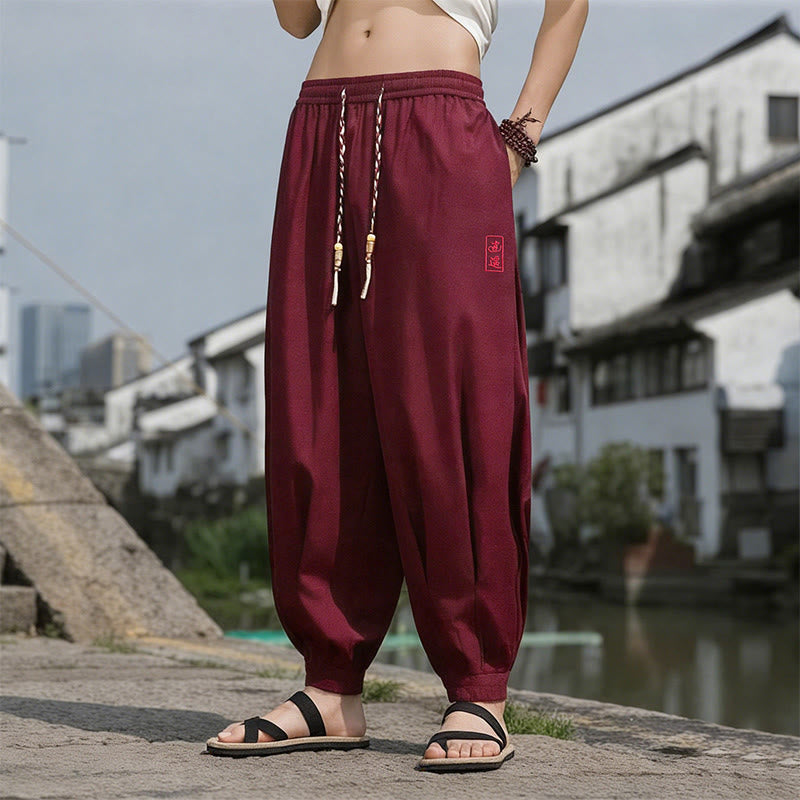 Nimara Ritual Summer Casual Drawstring Chinese Character Carefree Embroidery Ankle Pants Men's Harem Pants With Pockets