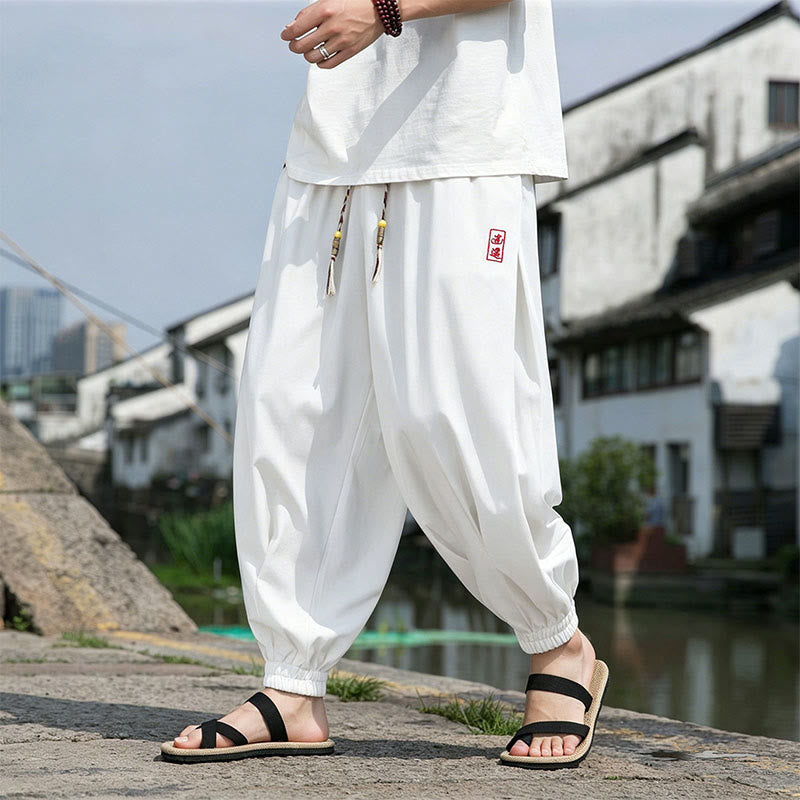 Nimara Ritual Summer Casual Drawstring Chinese Character Carefree Embroidery Ankle Pants Men's Harem Pants With Pockets