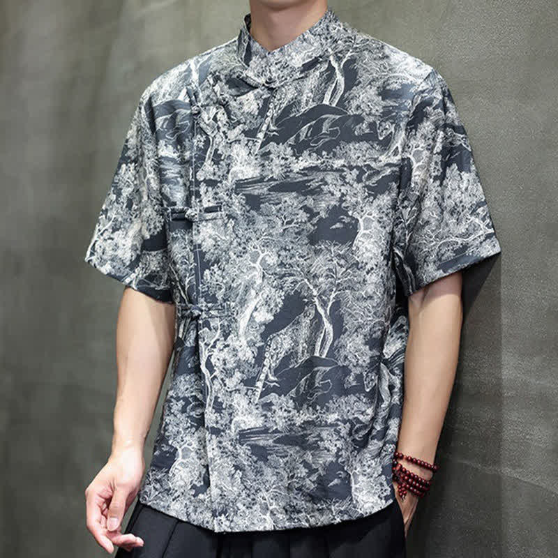 Nimara Ritual Summer Tang Style Frog Button Trees Abstract Pattern Men's Short Sleeve Shirts