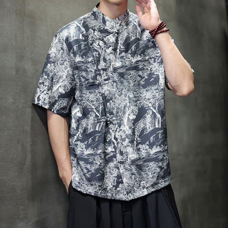 Nimara Ritual Summer Tang Style Frog Button Trees Abstract Pattern Men's Short Sleeve Shirts