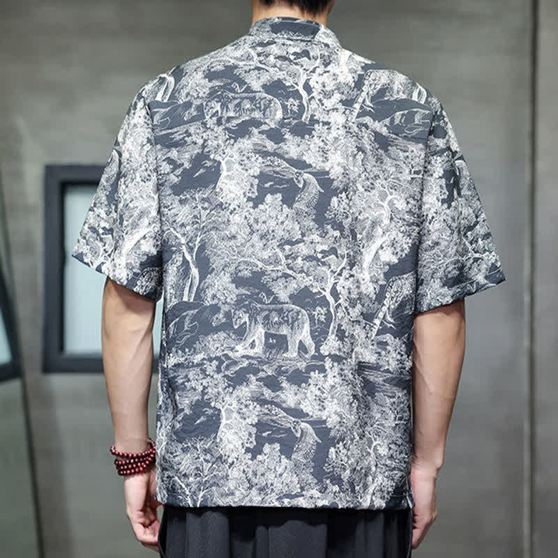 Nimara Ritual Summer Tang Style Frog Button Trees Abstract Pattern Men's Short Sleeve Shirts