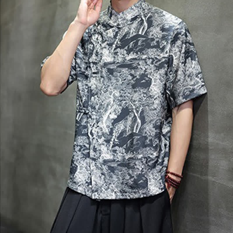 Nimara Ritual Summer Tang Style Frog Button Trees Abstract Pattern Men's Short Sleeve Shirts