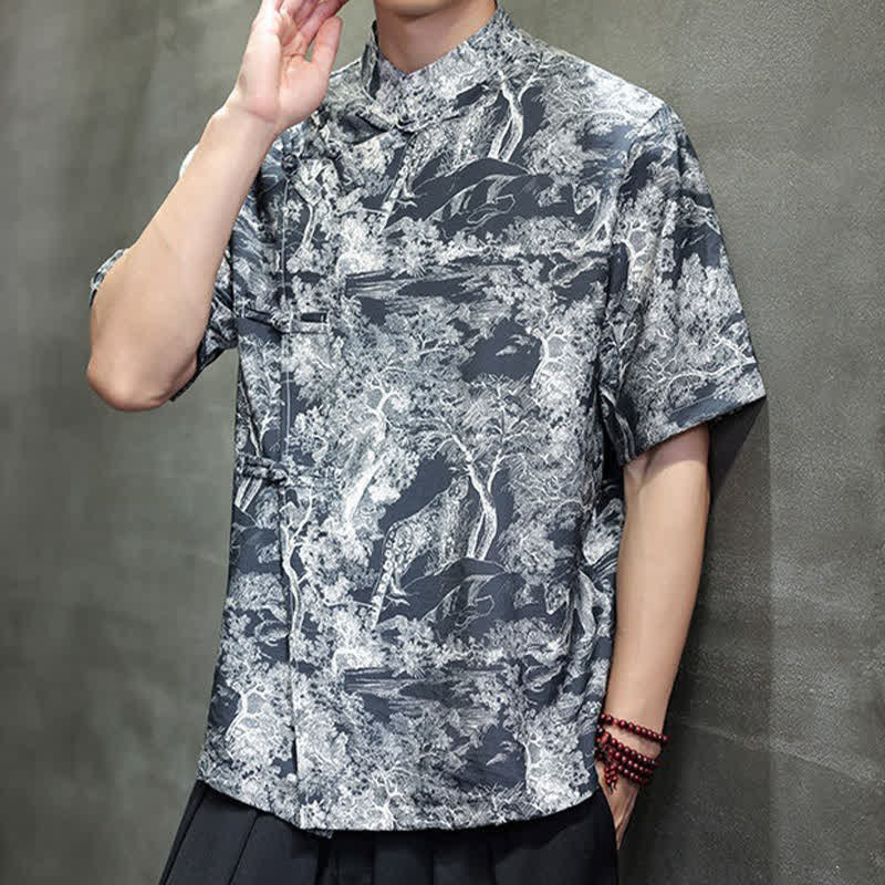 Nimara Ritual Summer Tang Style Frog Button Trees Abstract Pattern Men's Short Sleeve Shirts