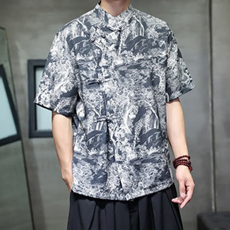 Nimara Ritual Summer Tang Style Frog Button Trees Abstract Pattern Men's Short Sleeve Shirts