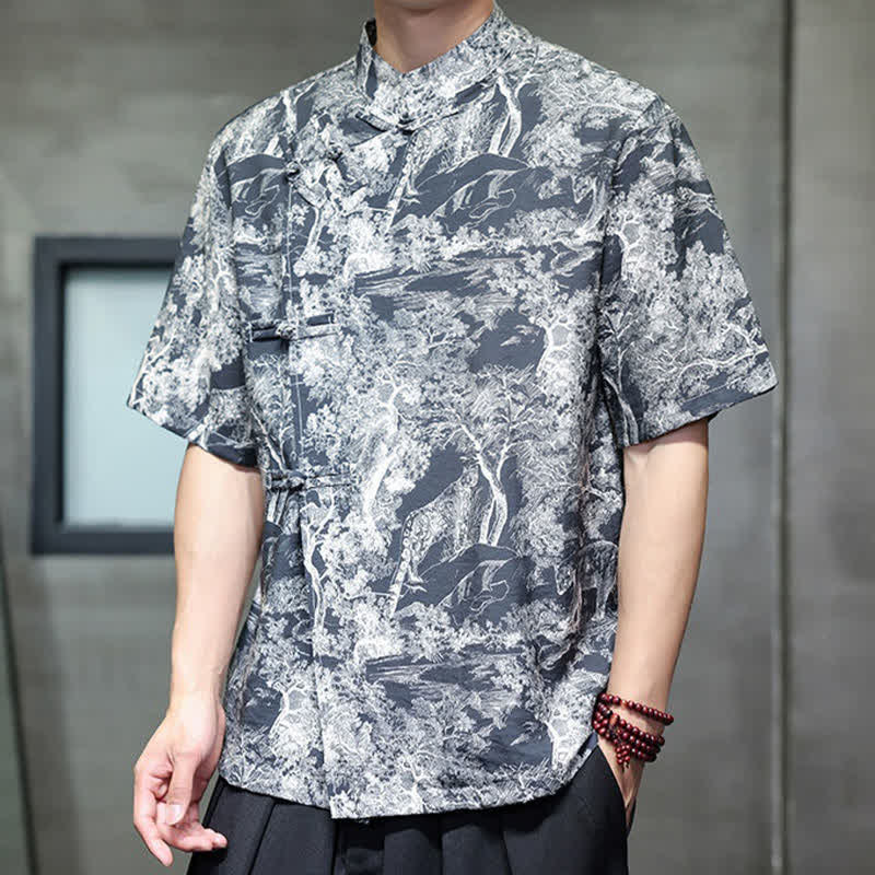 Nimara Ritual Summer Tang Style Frog Button Trees Abstract Pattern Men's Short Sleeve Shirts