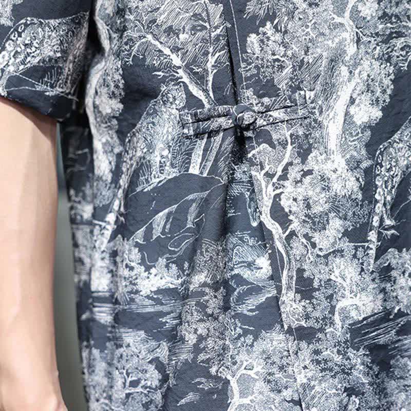 Nimara Ritual Summer Tang Style Frog Button Trees Abstract Pattern Men's Short Sleeve Shirts
